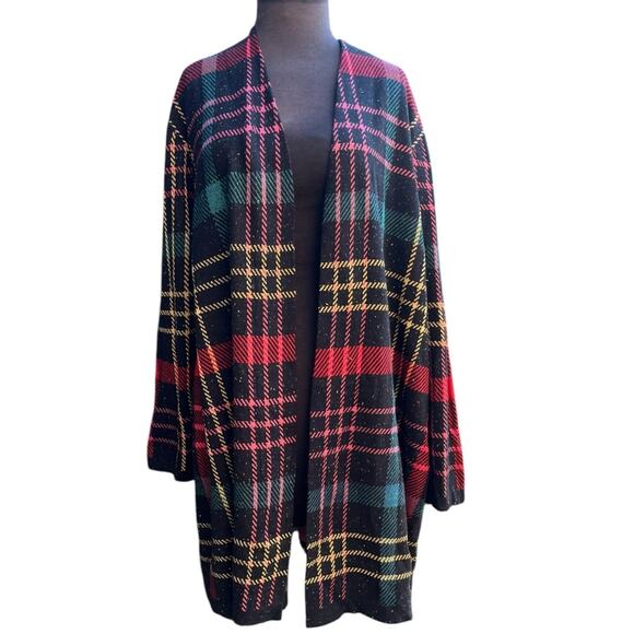 CJ Banks Plaid Cozy Gold Metallic Holiday Preppy Glam Open Sweater Cardigan 2X - Picture 1 of 7